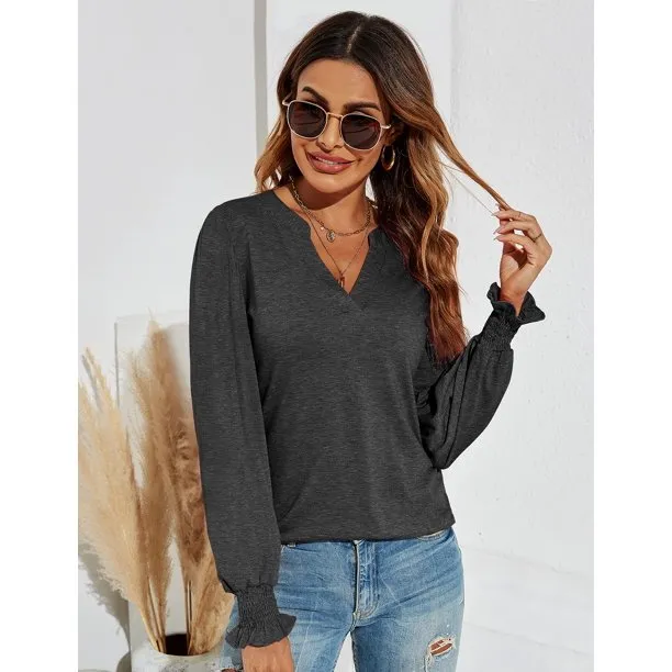 V-Neck Pullover Womens Blouses Casual Puff Sleeve T-Shirts