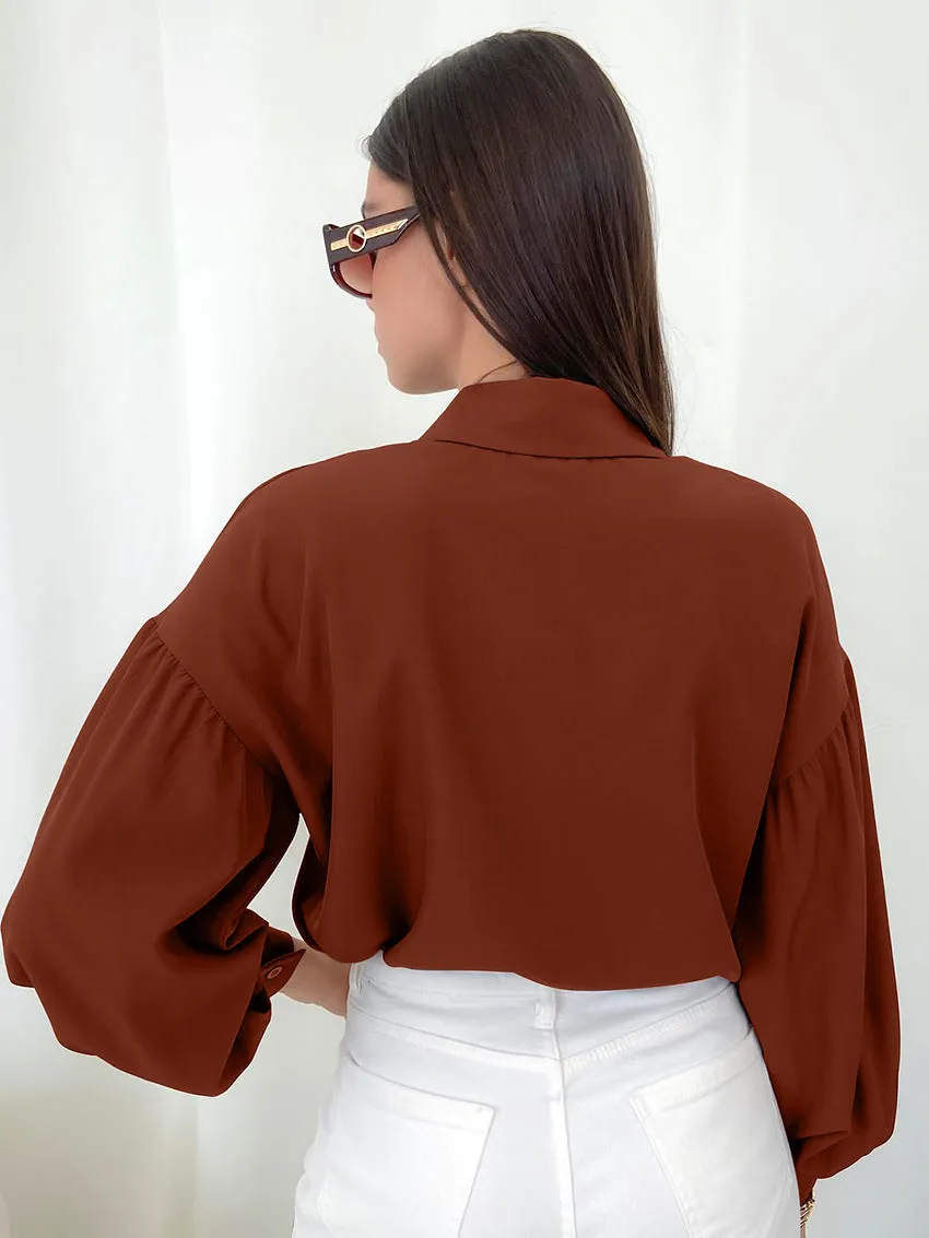 Versatile Commuter Casual Fashion Solid Color Lantern Sleeve Shirt Wholesale Women Top