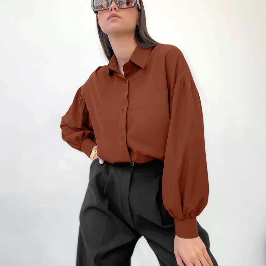 Versatile Commuter Casual Fashion Solid Color Lantern Sleeve Shirt Wholesale Women Top