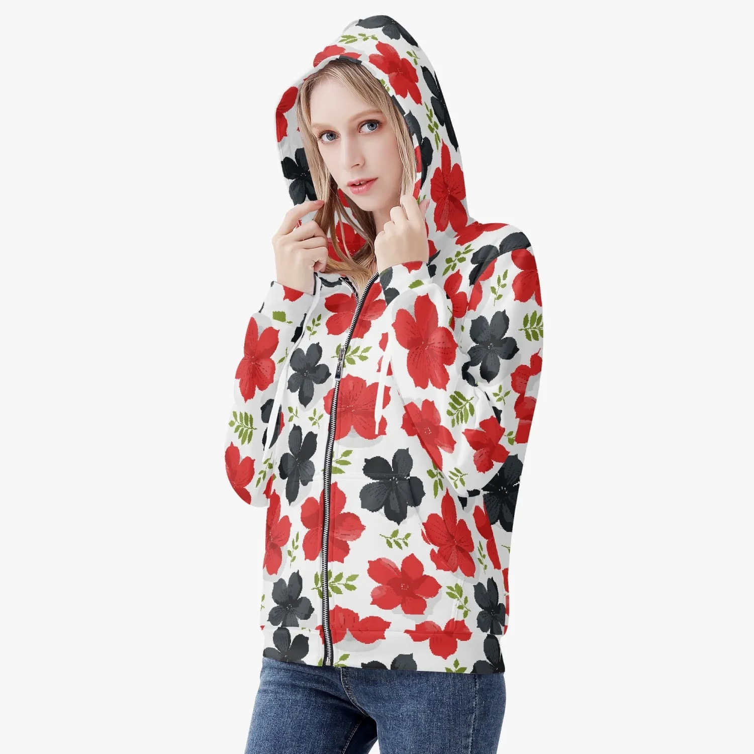 Veste à capuche zippée AOP pour femme "Fleur rouges et noires" (221)