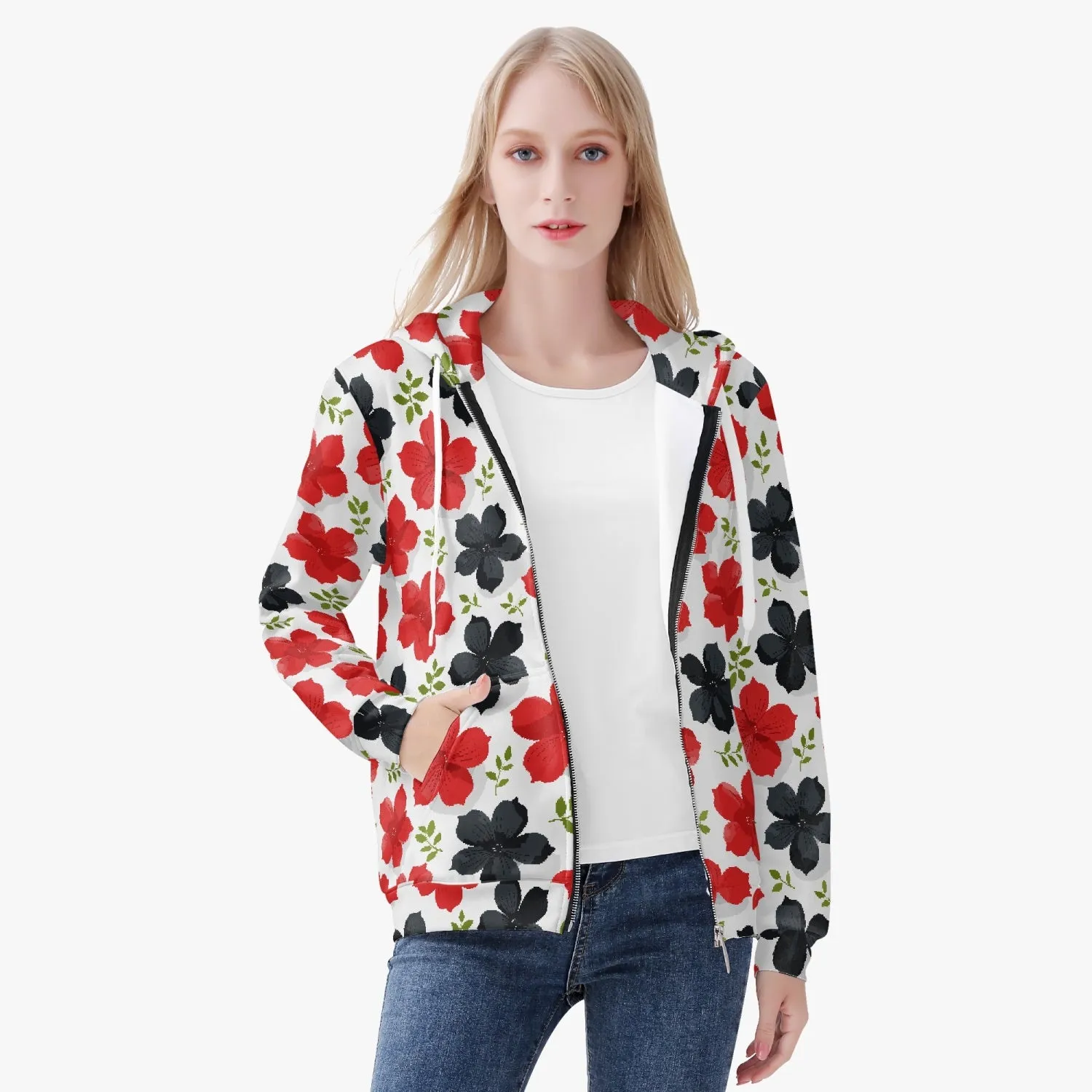 Veste à capuche zippée AOP pour femme "Fleur rouges et noires" (221)