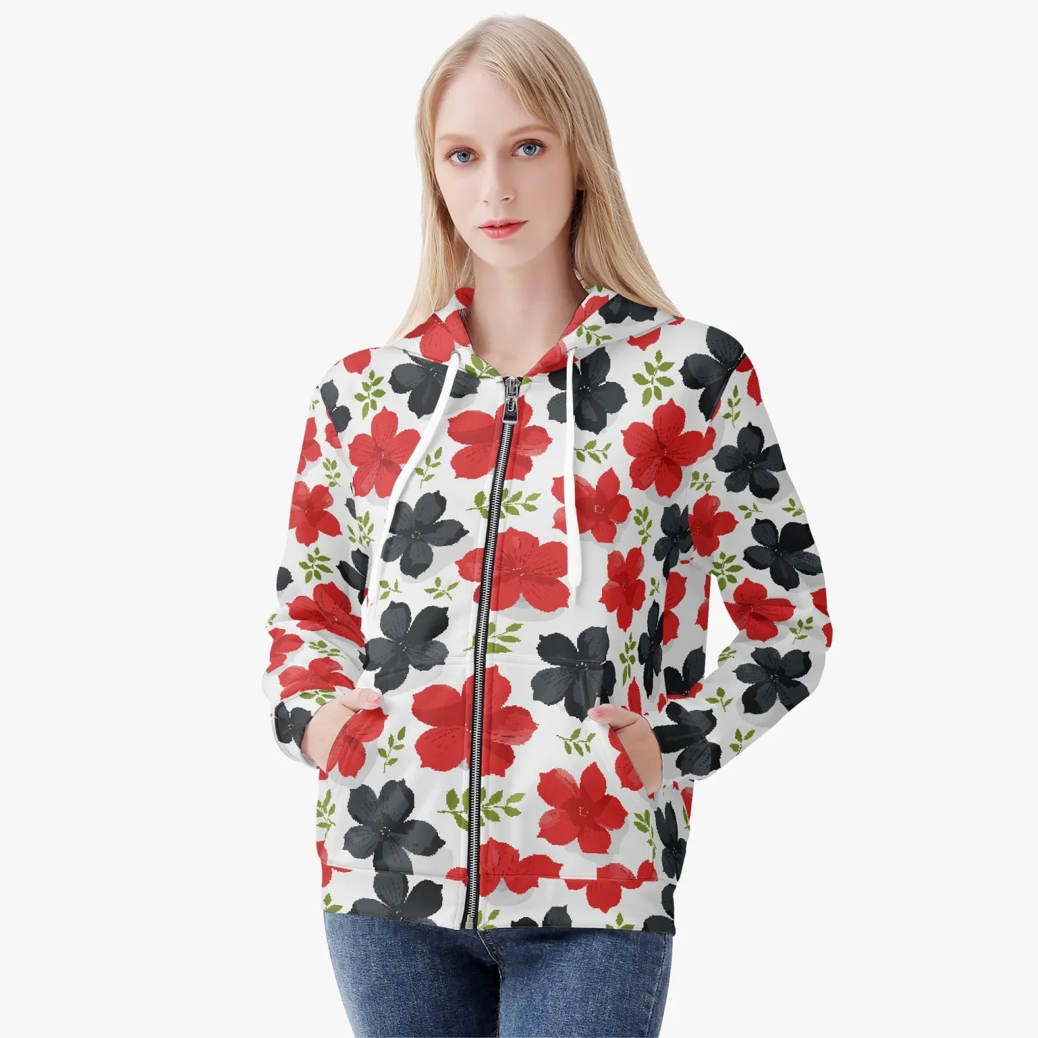 Veste à capuche zippée AOP pour femme "Fleur rouges et noires" (221)