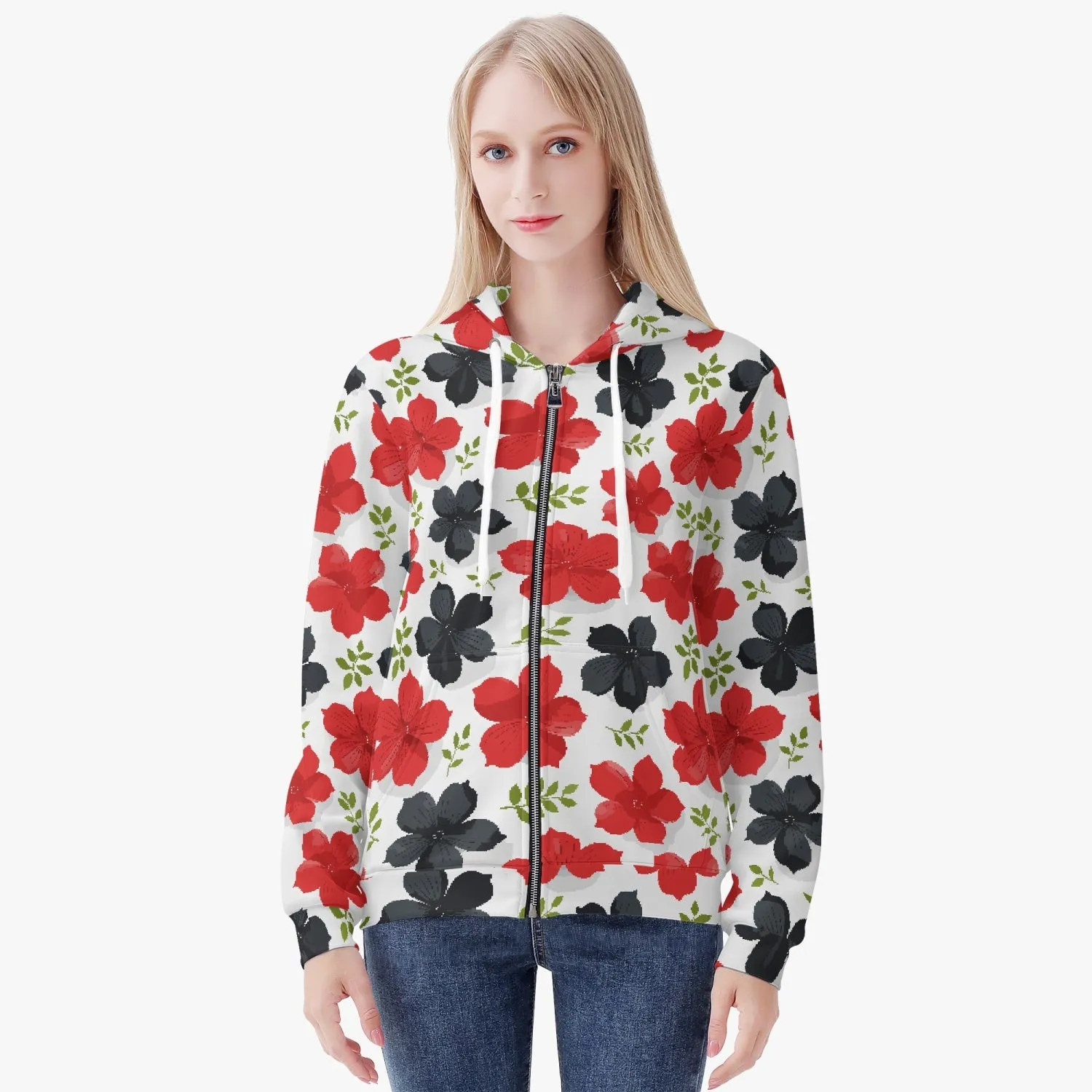 Veste à capuche zippée AOP pour femme "Fleur rouges et noires" (221)