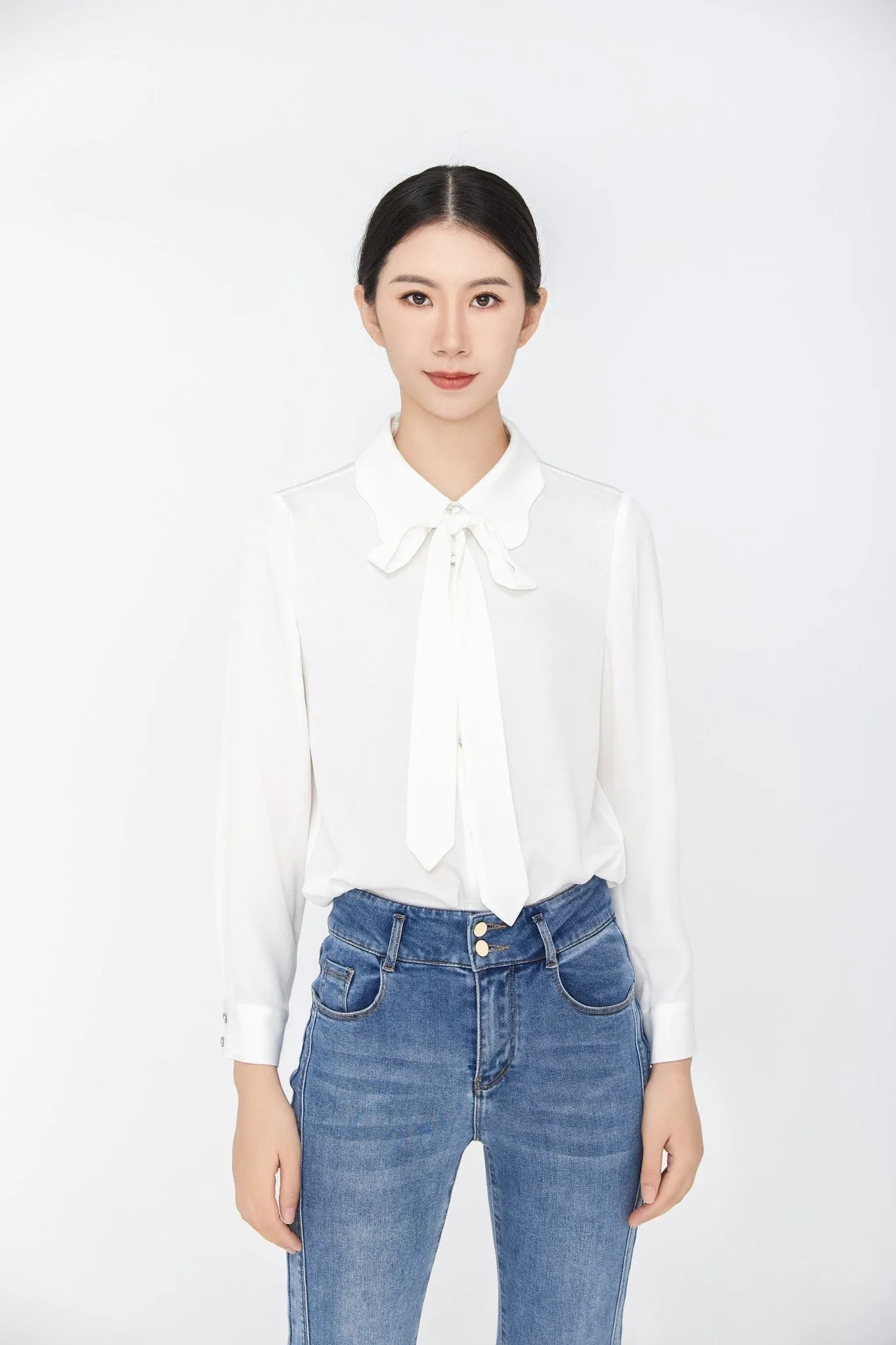 White Bow Tie Blouses Shirt