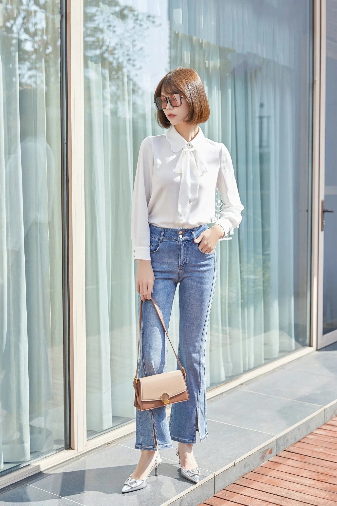 White Bow Tie Blouses Shirt