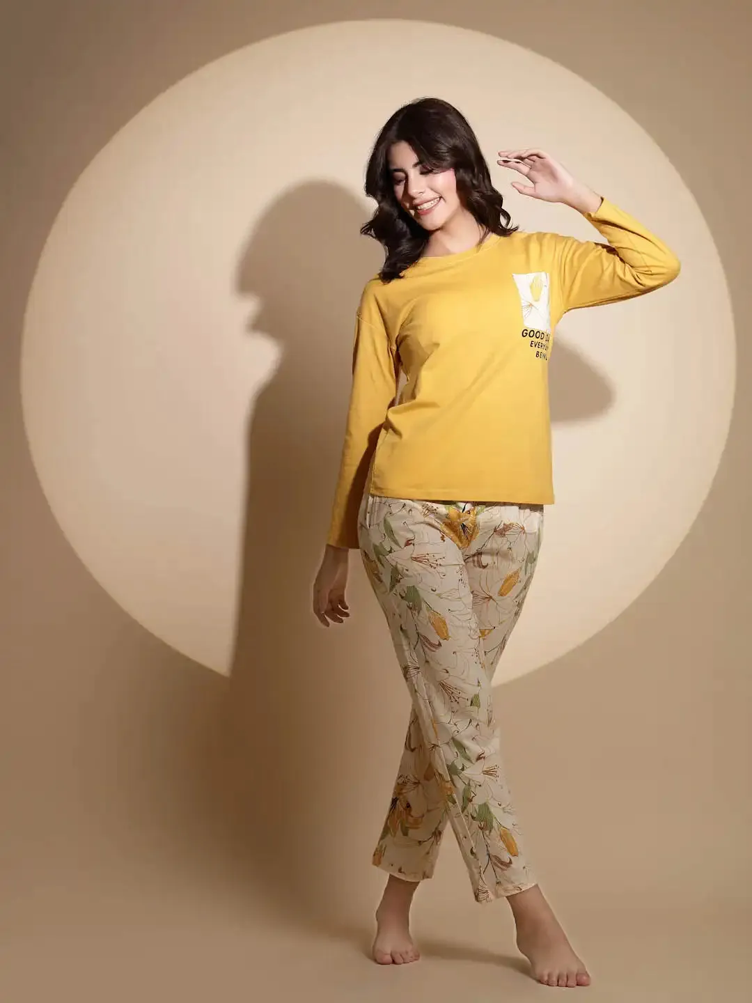 Yellow Hosiery Solid Top & Pyjama Night Suit Set