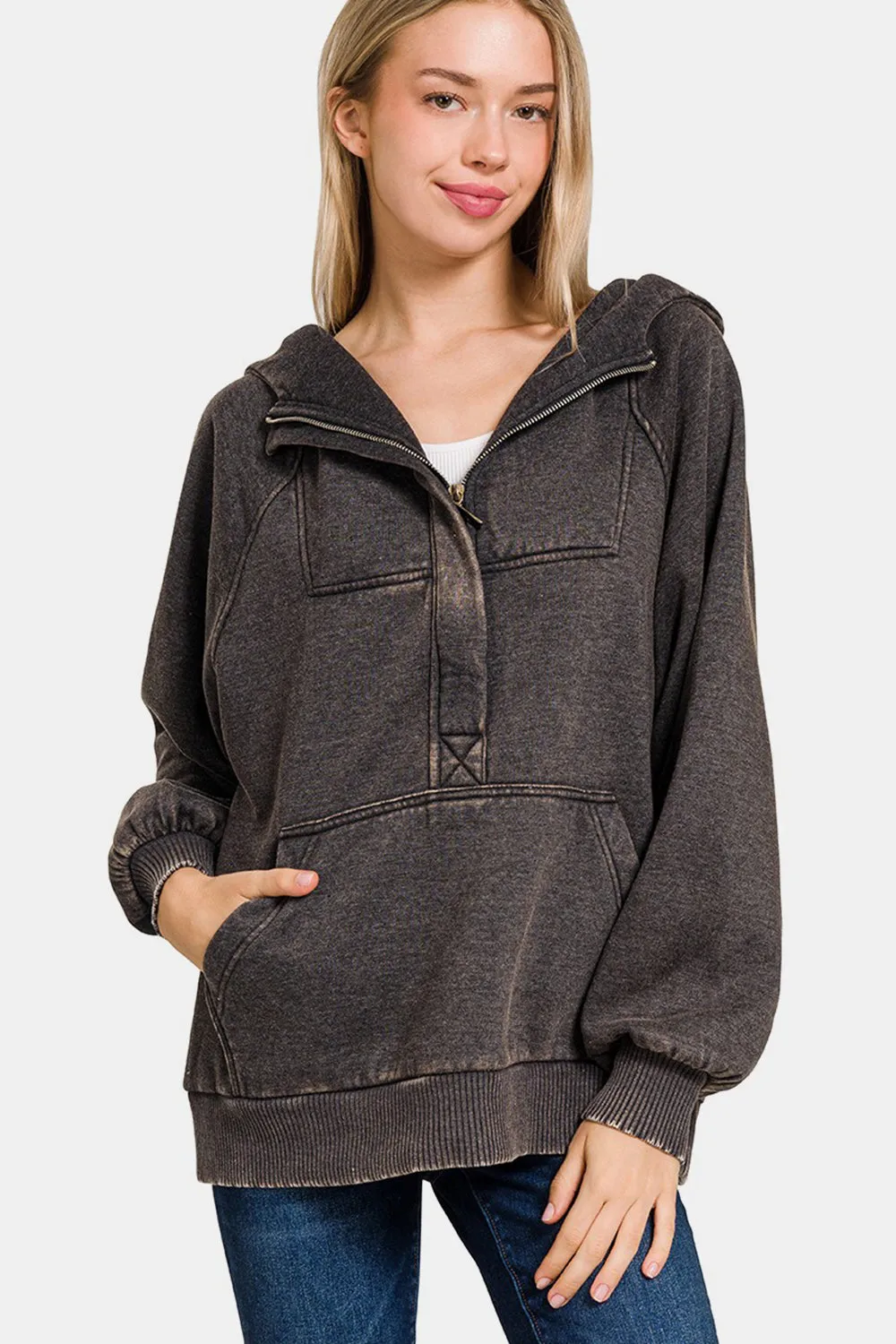 Zenana Acid Wash Fleece Kangaroo Hoodie